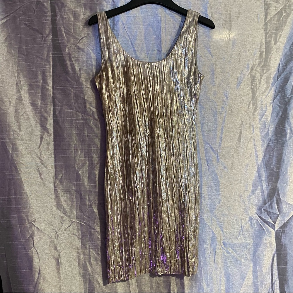 Estam champagne metallic crinkly tank top mini stretch dress, front lined size L